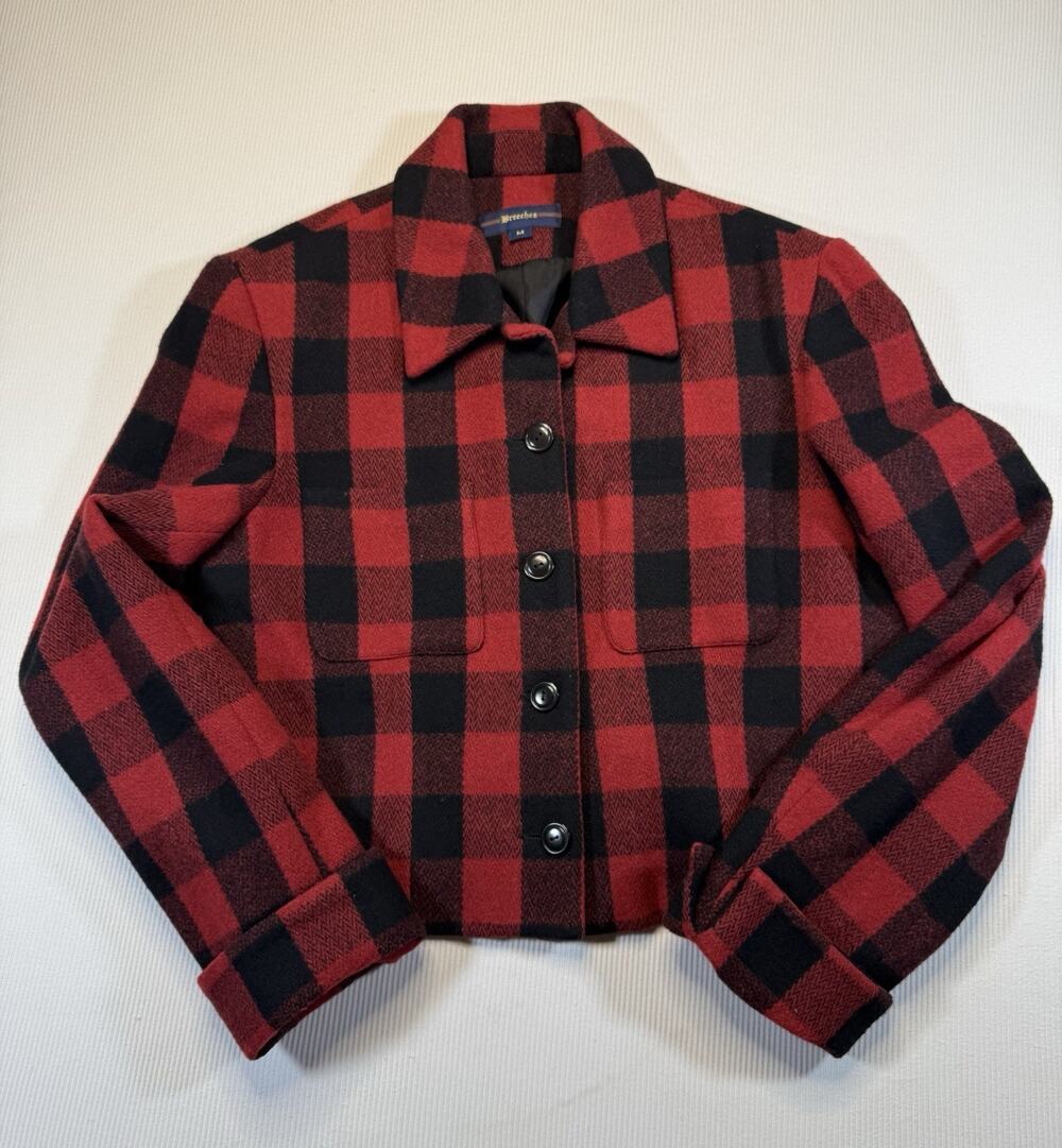 Breeches Buffalo Plaid Wool Blend Crop Jacket Womens Medium Red Black Lined